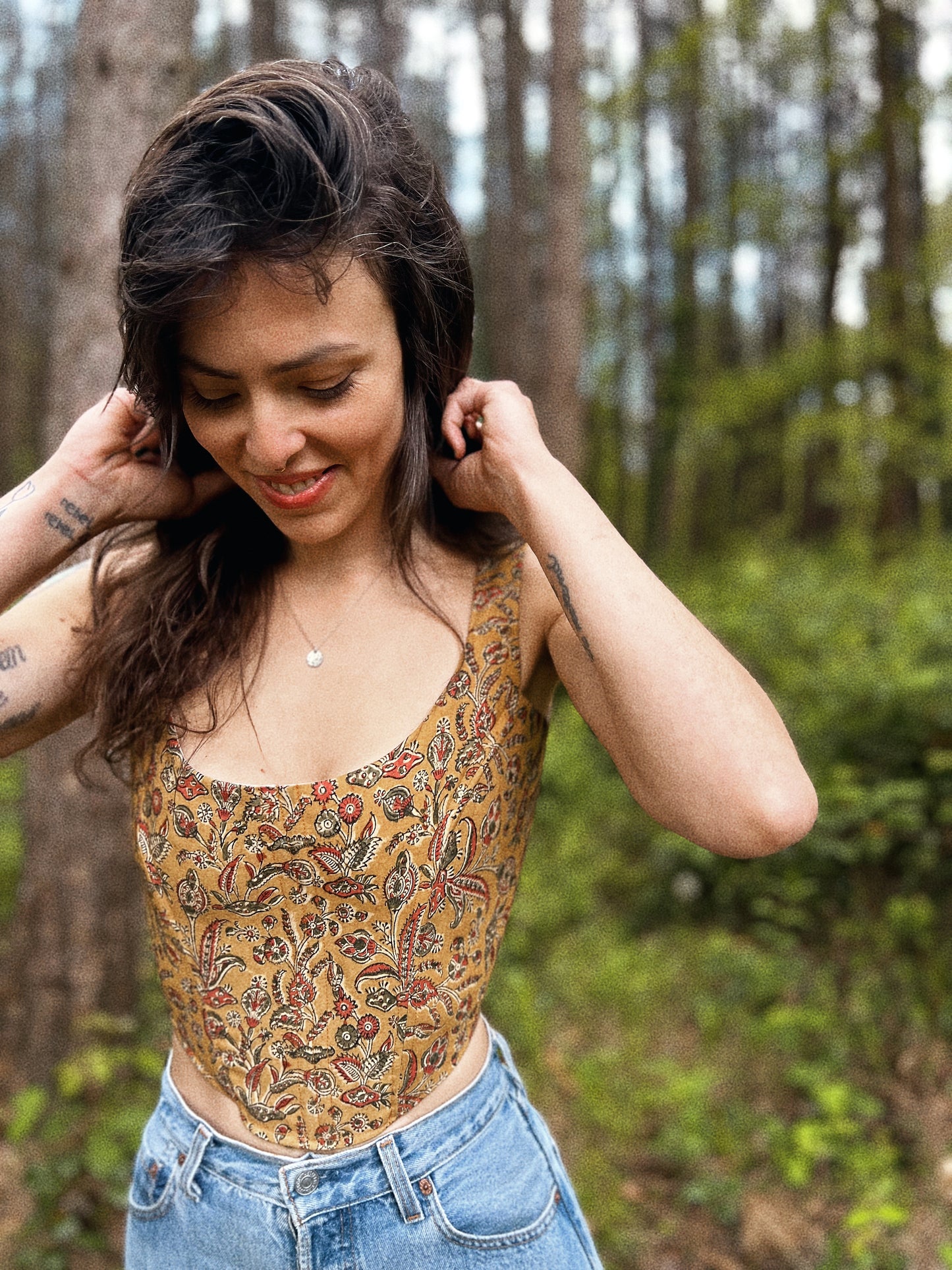 Corset with boning size XS/M adjustable ~ Block printed Indian natural cotton