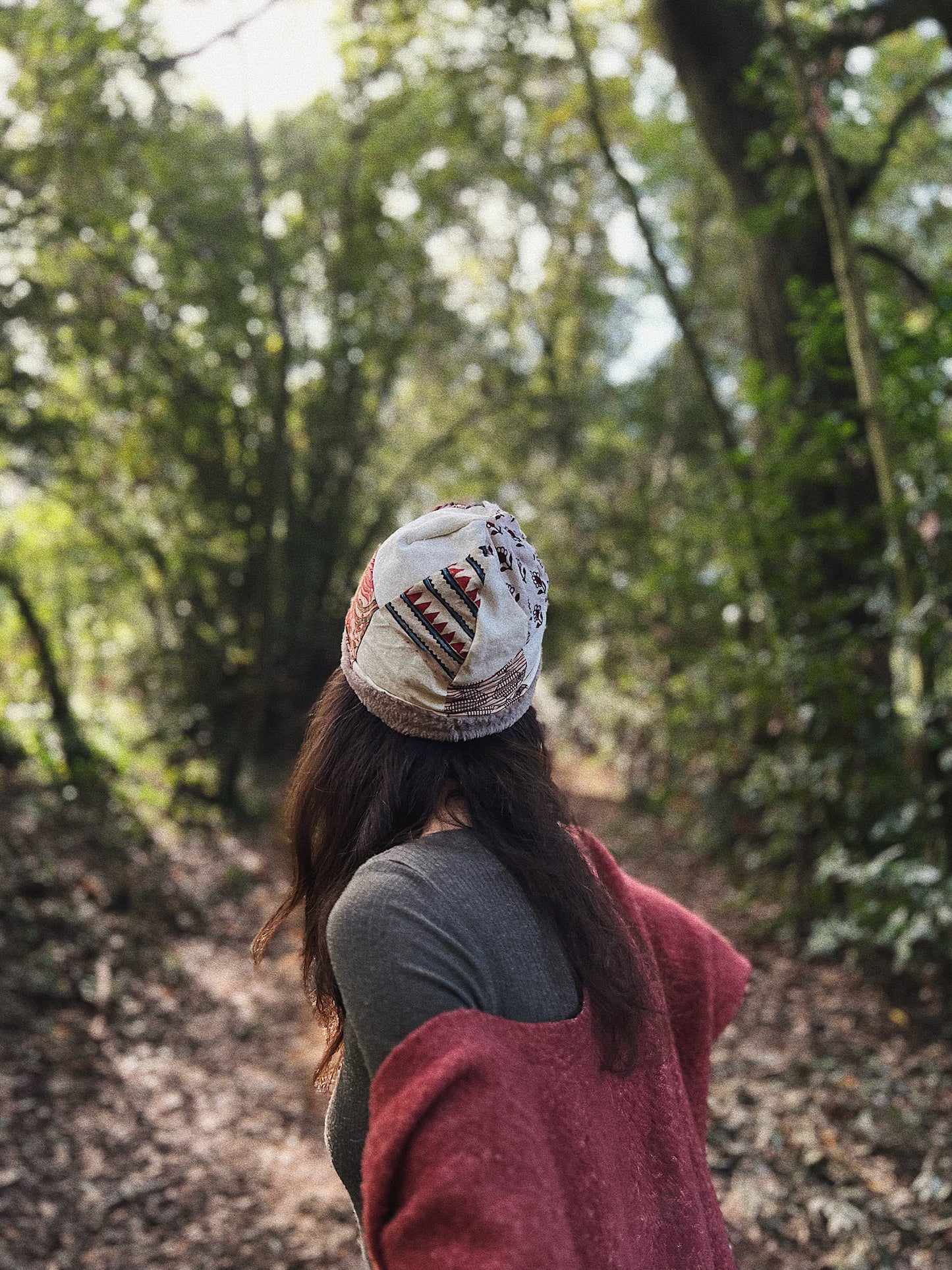 Quilted block printed cotton and fleece beanie hat