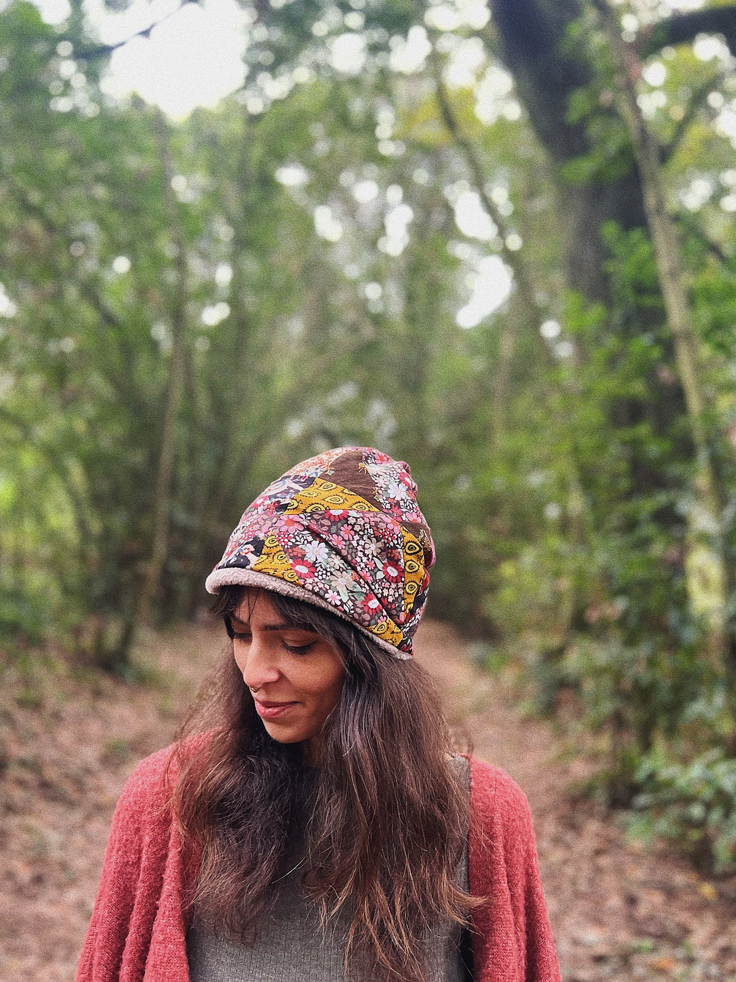 Quilted block printed cotton and fleece beanie hat