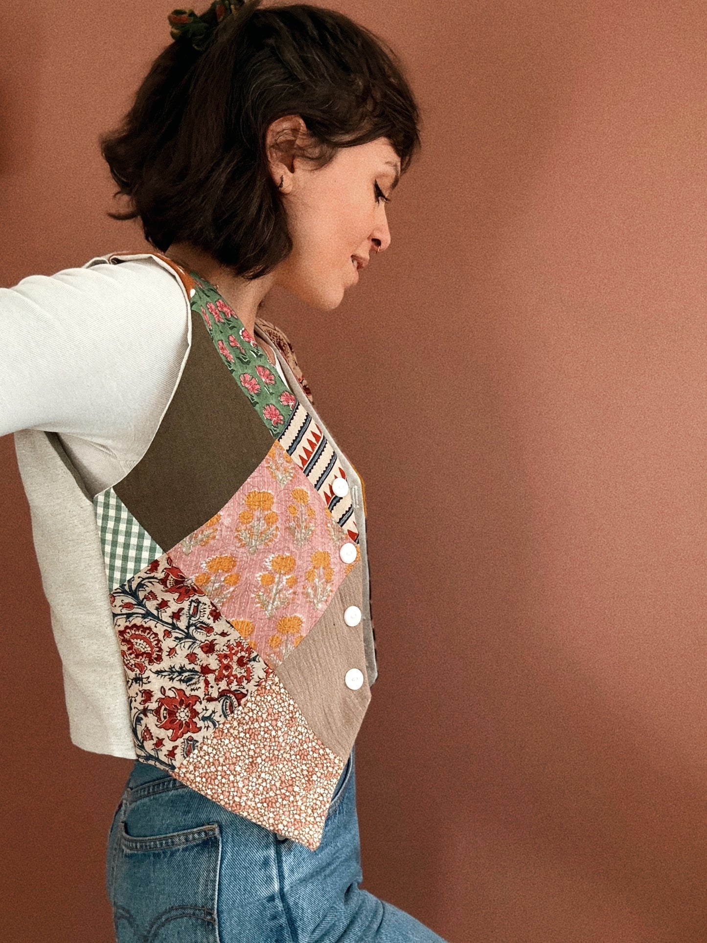 George vest ~ Stencil printed cotton and parchwork block printed vest size S/M