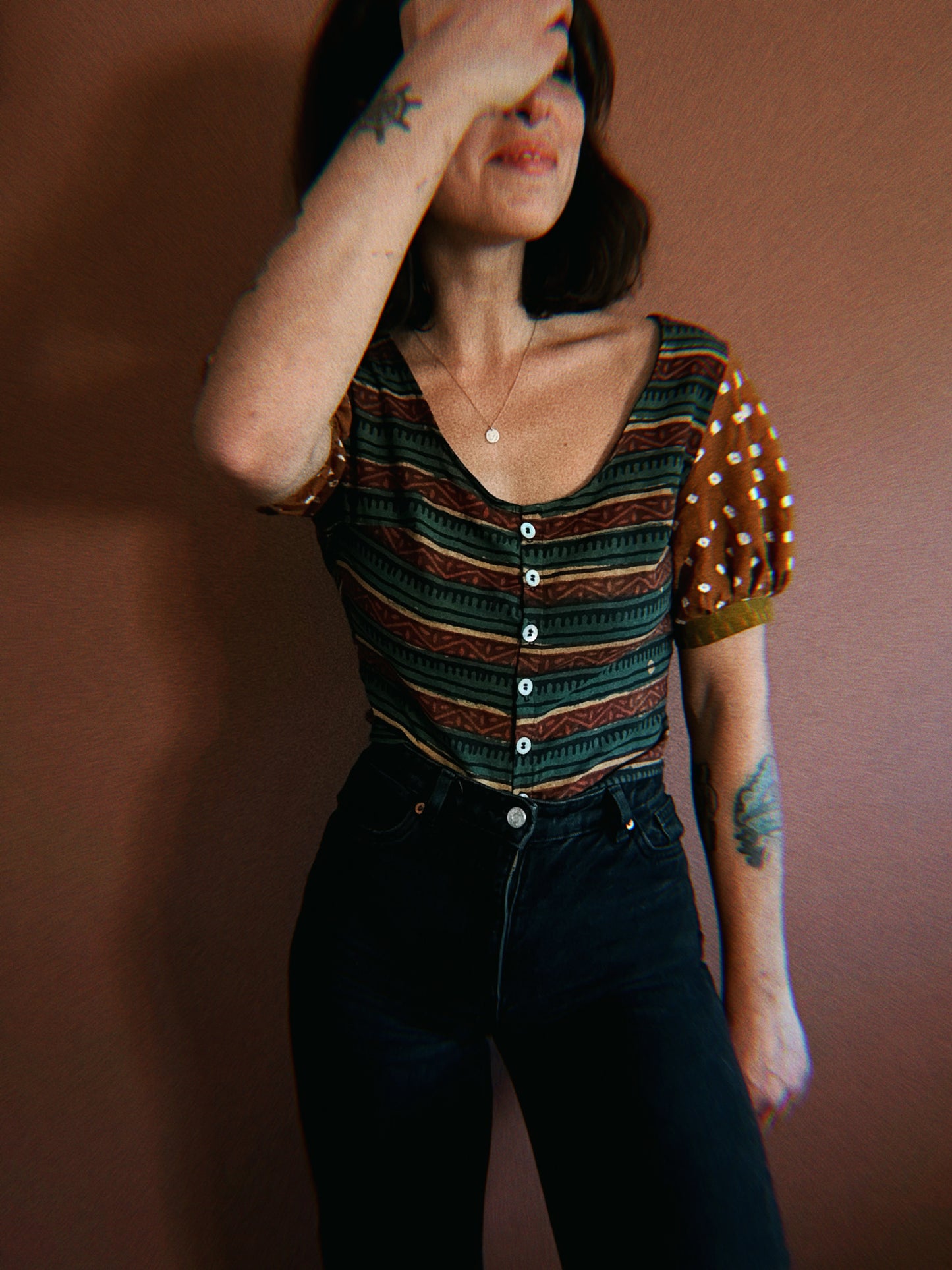 Block-printed Indian cotton short sleeves blouse ✨ ONE PIECE size M