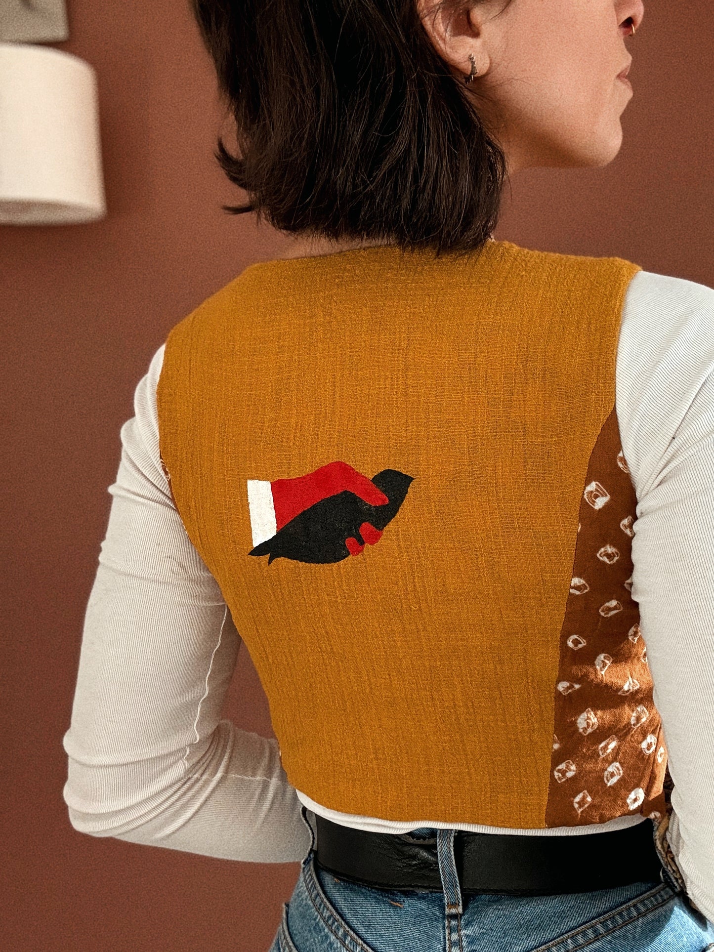 George vest ~ Stencil printed cotton and natural block printed cotton vest size S/M