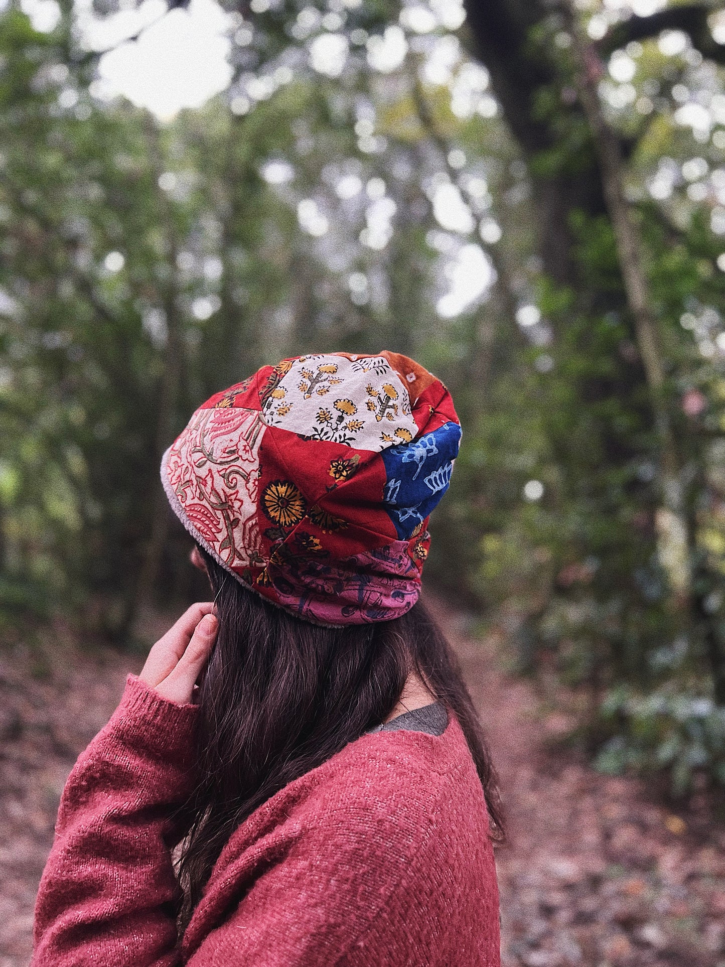 Quilted block printed cotton and fleece beanie hat