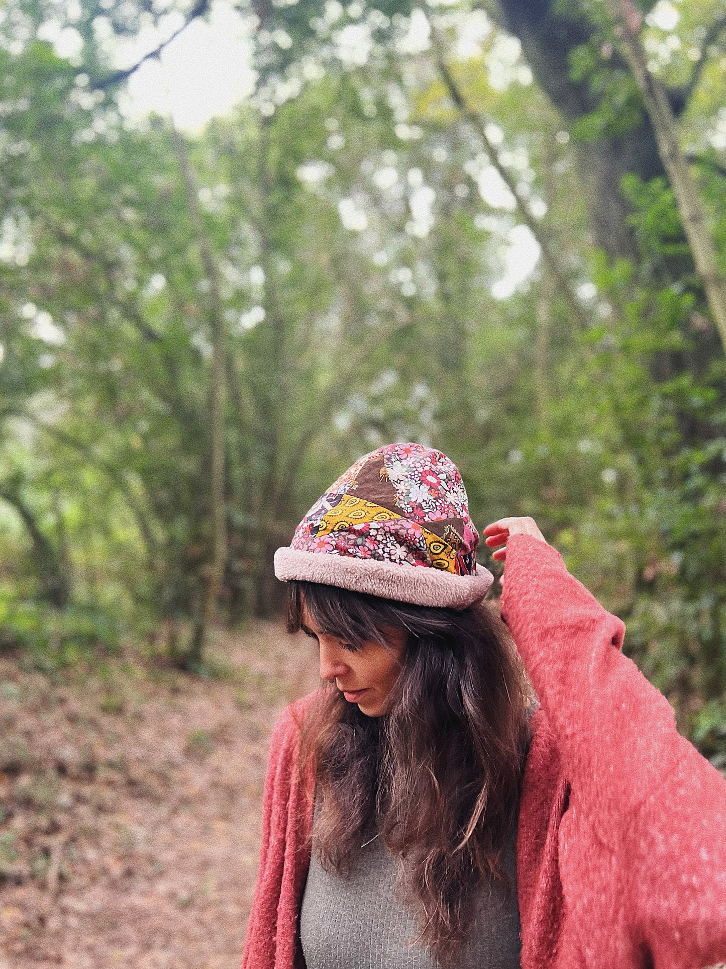 Quilted block printed cotton and fleece beanie hat