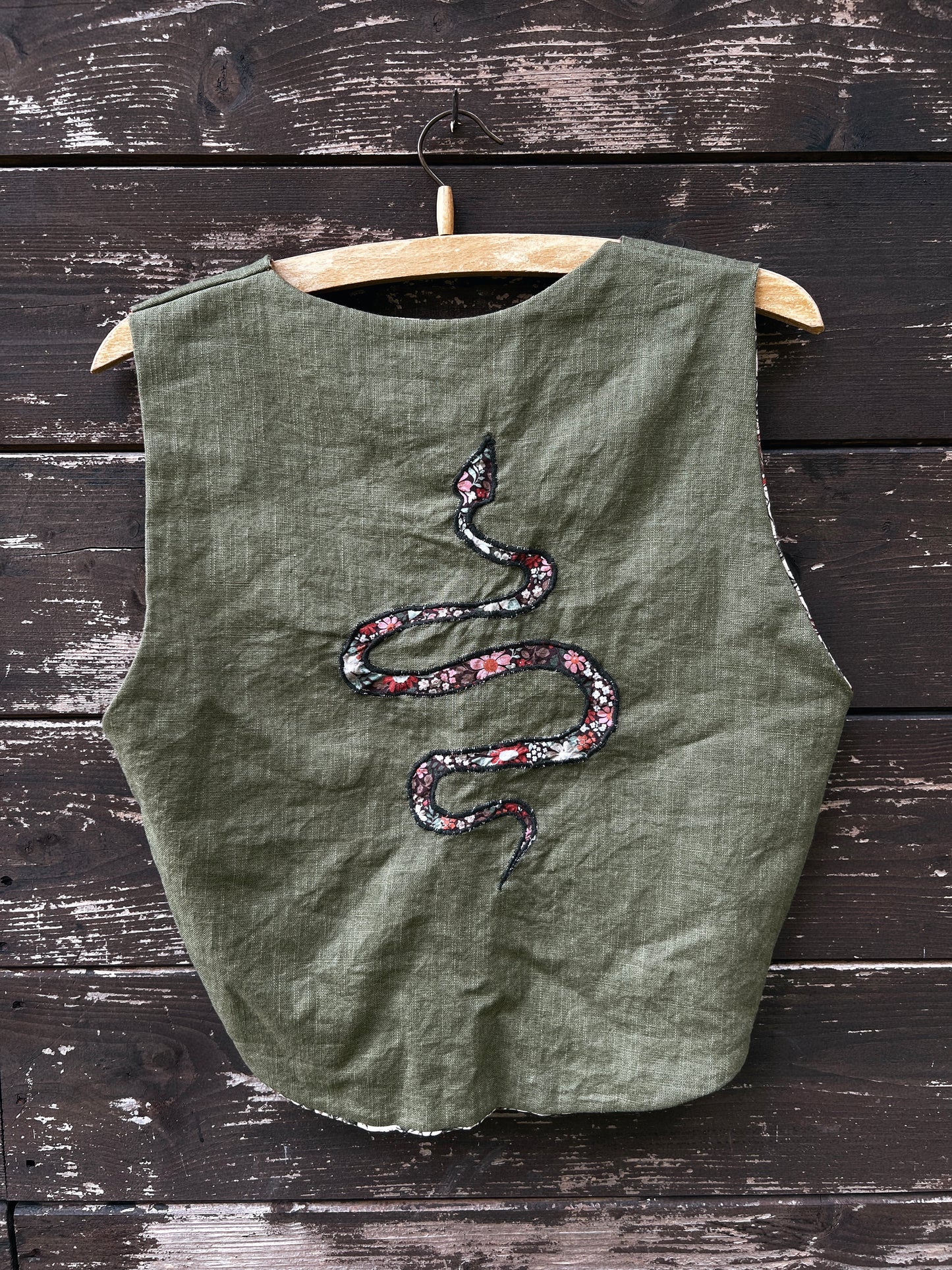 Embroidered Linen and natural block printed cotton vest size S