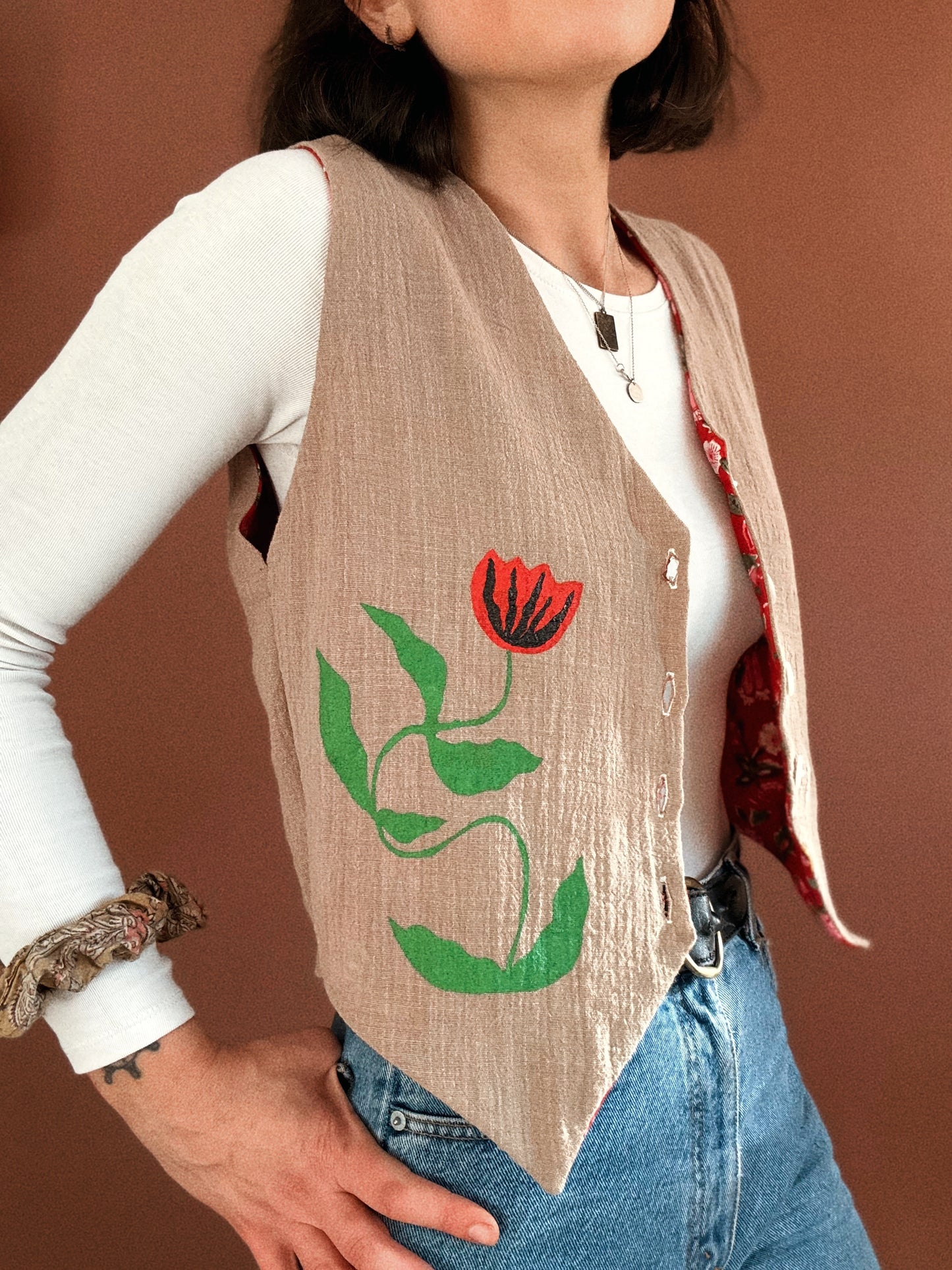 George vest ~ Stencil printed Linen and natural block printed cotton vest size S/M