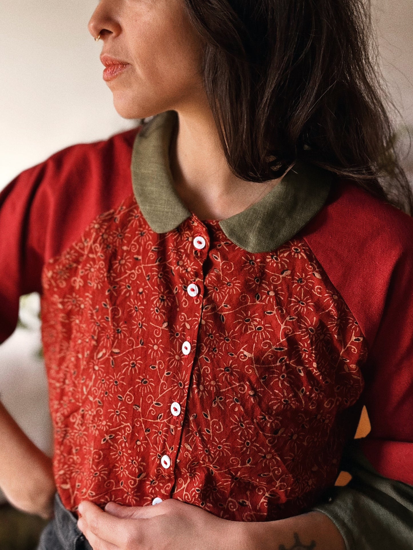 Block-printed Indian cotton and linen Blouse