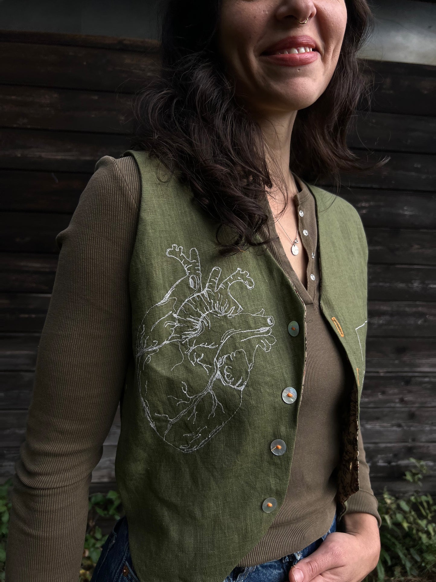 Embroidered Linen and natural block printed cotton vest size S