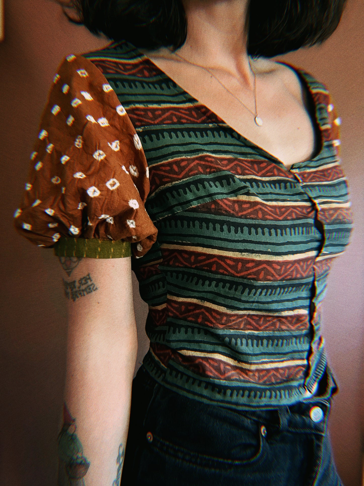 Block-printed Indian cotton short sleeves blouse ✨ ONE PIECE size M