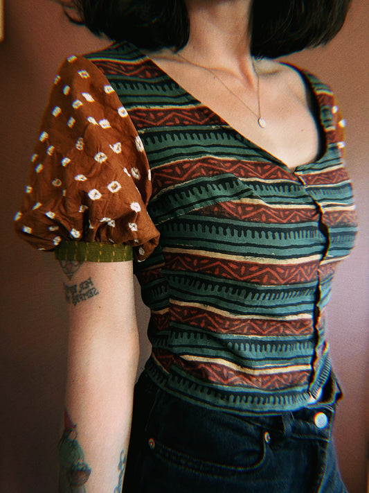 Block-printed Indian cotton short sleeves blouse ✨ ONE PIECE size M