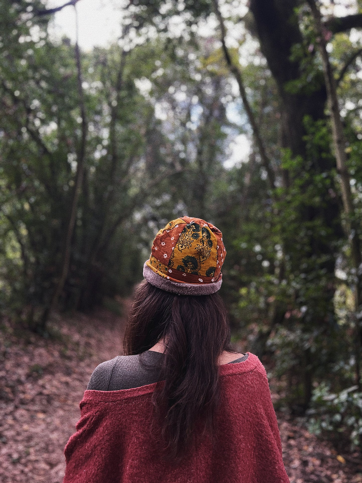 Quilted block printed cotton and fleece beanie hat