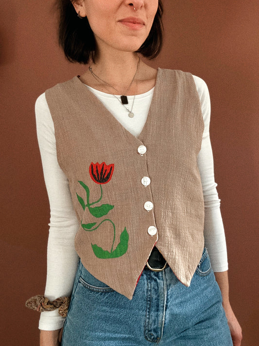 George vest ~ Stencil printed Linen and natural block printed cotton vest size S/M