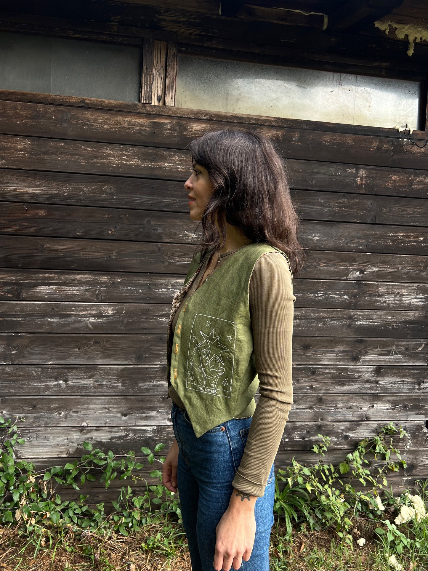 Embroidered Linen and natural block printed cotton vest size S