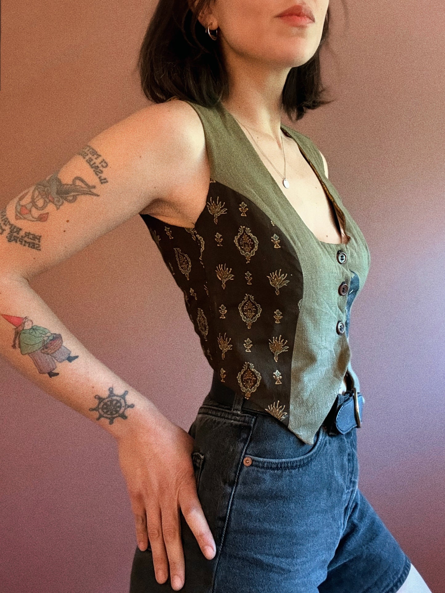 George vest ~ Stencil printed linen and vintage fabric vest size S/M