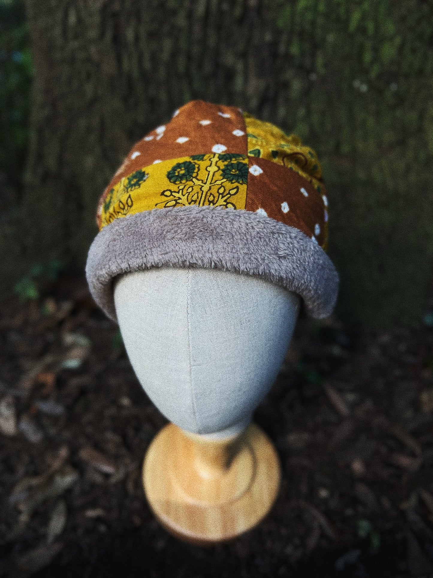 Quilted block printed cotton and fleece beanie hat